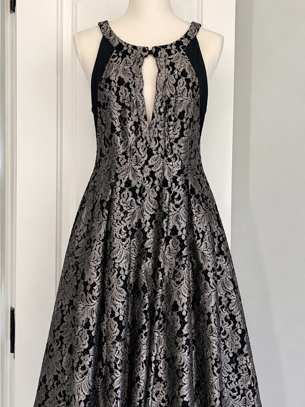 Silver Lace A-Line Prom Dress with Keyhole Neckline